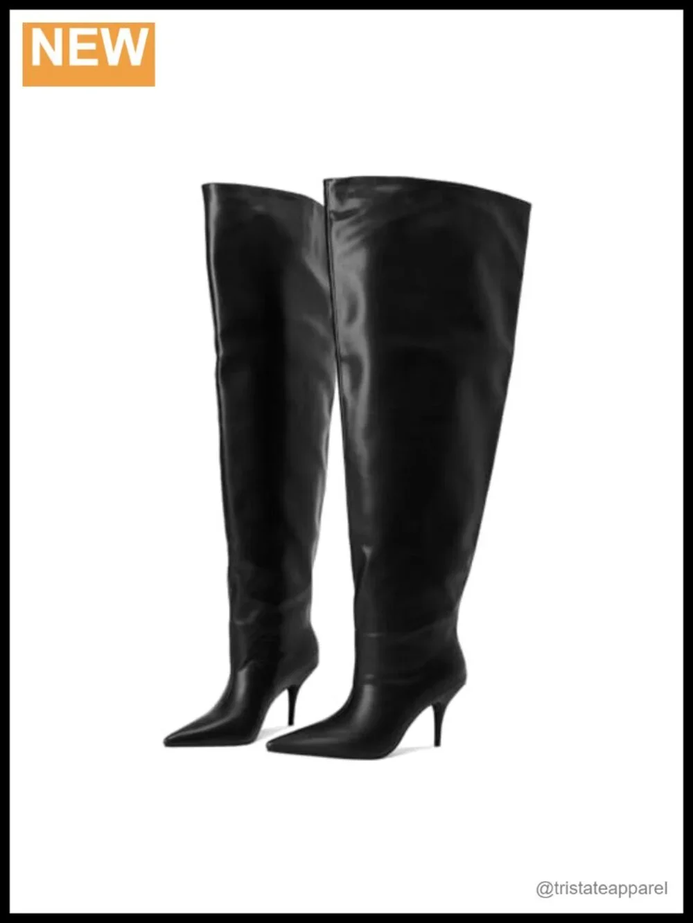 Faux Leather Thigh High Heeled Boots, Wide Calf, Pointed Toe, Pull-On, 3.5